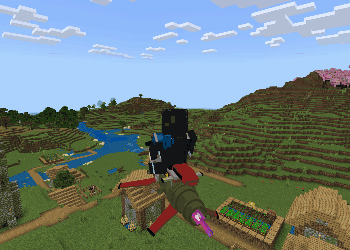 Player rides flying bike over pixelated village.
