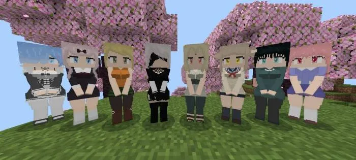 Pixelated anime characters in a garden.