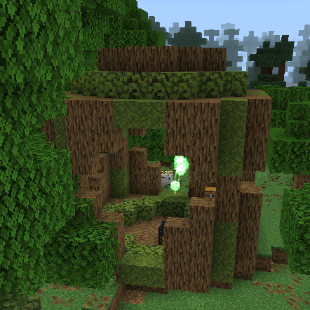 Overgrown wooden ruin with glowing orb.
