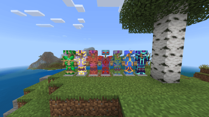 Glowing armor stands on grassy cliff.