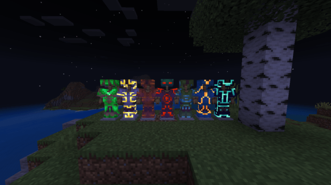Glowing armor trims displayed at night.
