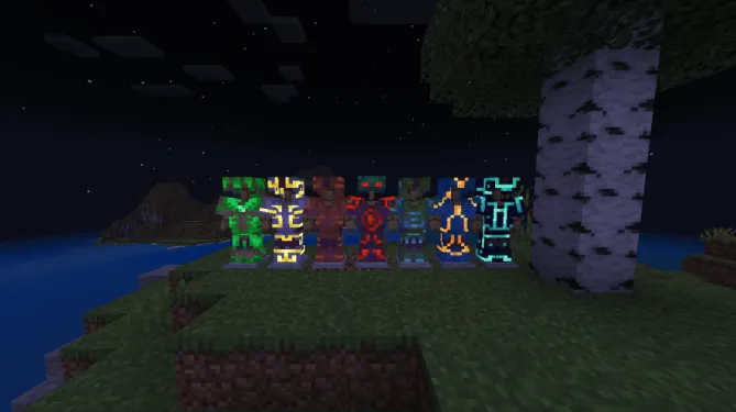 Glowing armor trims displayed at night.