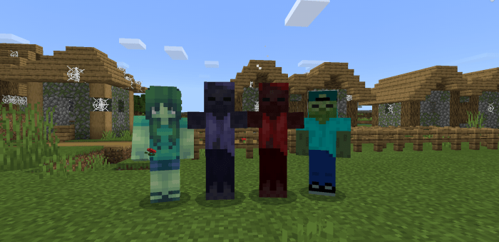 Four unique zombie types in a village.