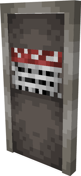 Blocky gray door with red accents.