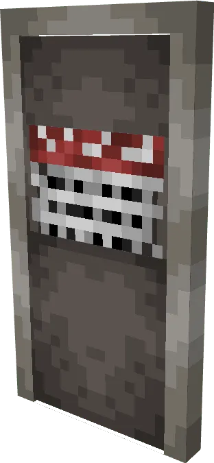 Blocky gray door with red accents.