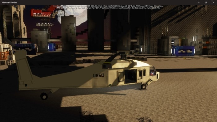 Blocky military helicopter on sandy terrain