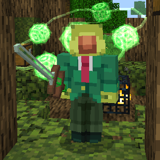 Character wielding sword with green orbs
