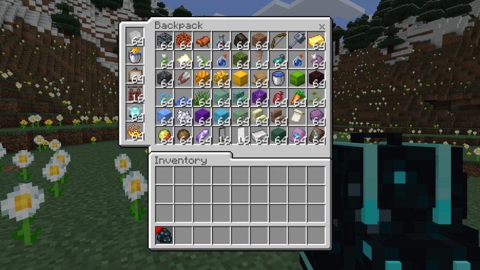 Backpack with various item slots open.