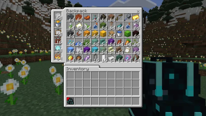 Backpack with various item slots open.