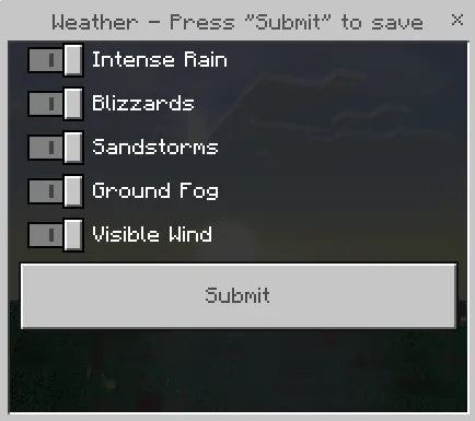 Weather settings menu with effect toggles