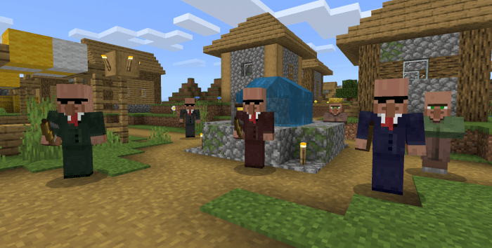 Villagers in suits guarding a village