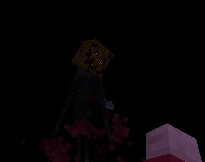 Pumpkin-headed boss looms in darkness