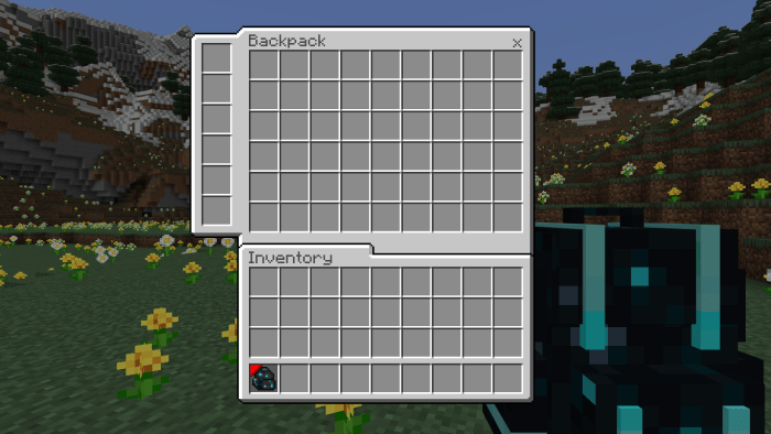 Open backpack interface in a field.