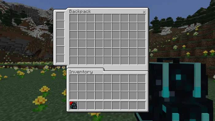 Open backpack interface in a field.