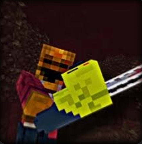 Pixelated masked figure wielding a chainsaw
