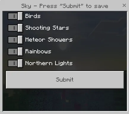 Sky effects options menu with toggles