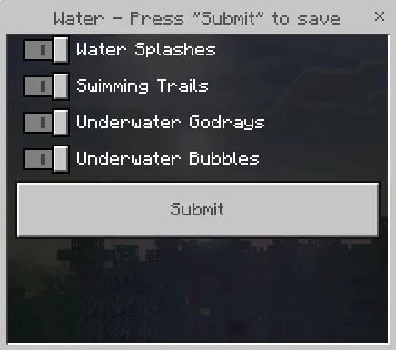 Shader water effects settings menu