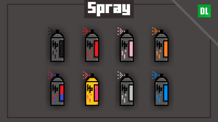 Pixel art spray paint cans, various colors.
