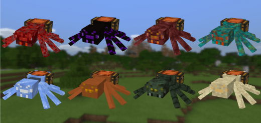 Eight colorful, mountable spiders.