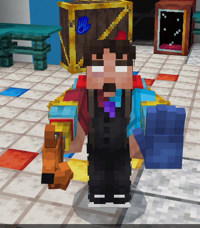 Blocky character with colorful hands.