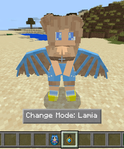 Mermaid character with wings on beach.