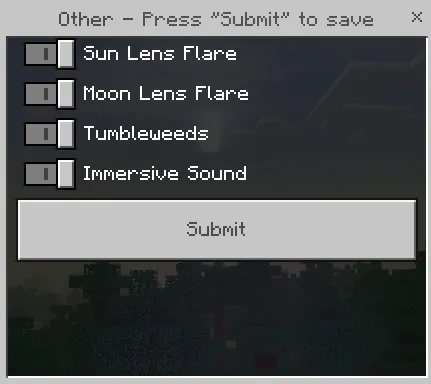 Shader pack options menu with toggles