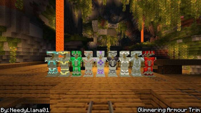 Glowing armor stands in a cave.