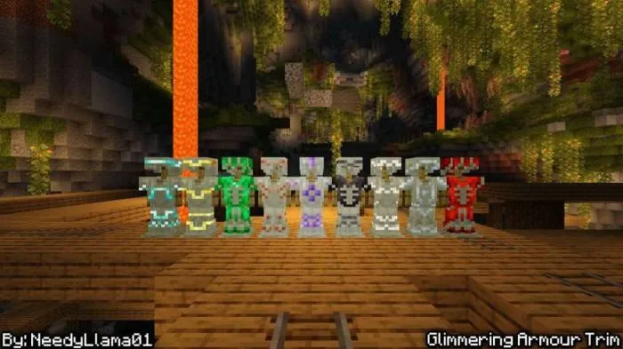 Glowing armor stands in a cave.