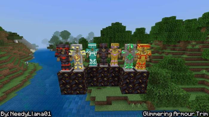 Glowing armor stands on obsidian blocks.