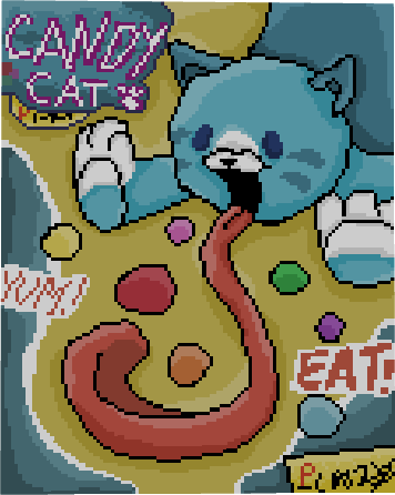 Pixel art of Candy Cat eating candy.