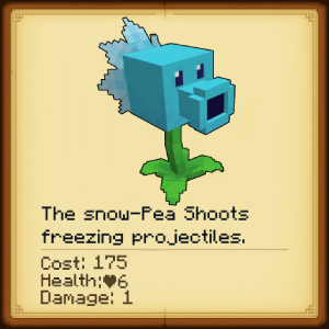 Pixelated snow pea plant with stats displayed.