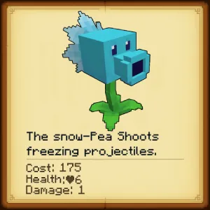 Pixelated snow pea plant with stats displayed.