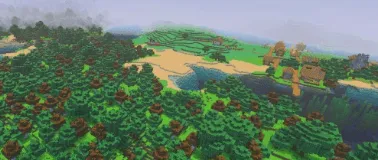 Vibrant forest and village with enhanced skies