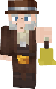 Pixelated old man in brown suit holding a bell