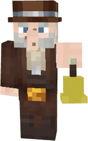 Pixelated old man in brown suit holding a bell