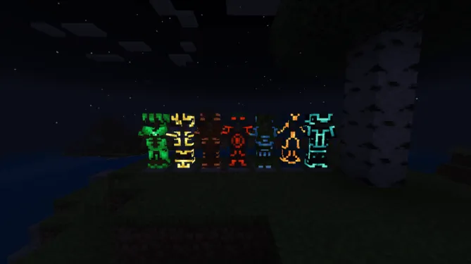 Glowing armor trims in the dark forest.