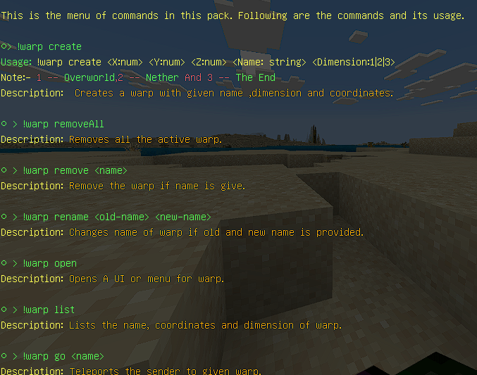 Warp command list overlay on a blocky landscape