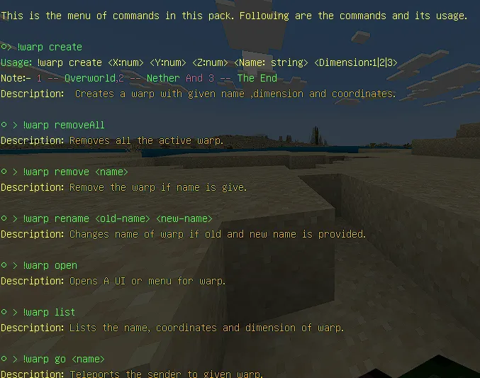 Warp command list overlay on a blocky landscape