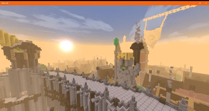 Sunrise over a detailed blocky fantasy city