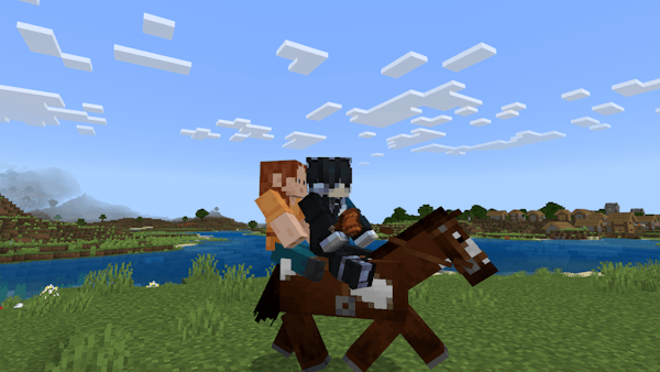 Two players riding a horse together