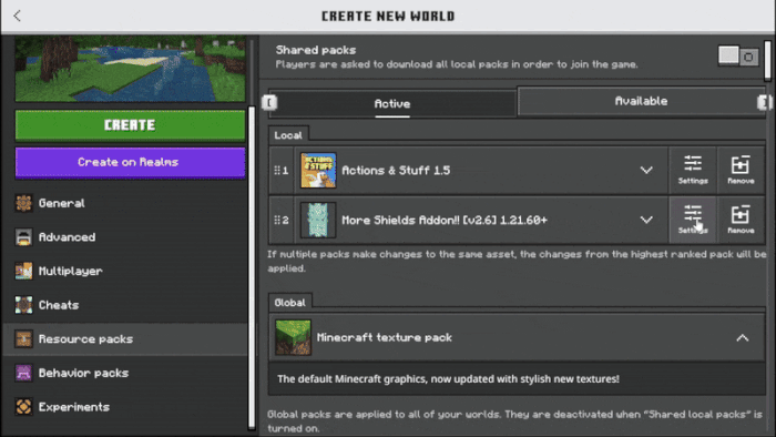 Settings menu for shield addon.