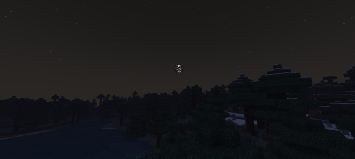 Creepy face floats above dark forest landscape.