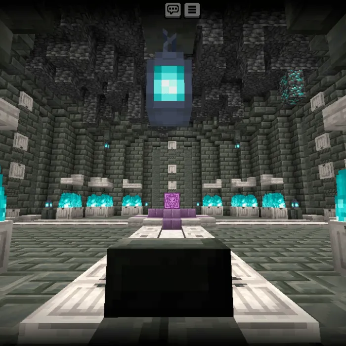 Dark stone chamber with glowing blue lanterns