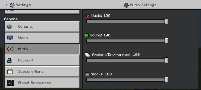 Audio settings menu with sliders at 100