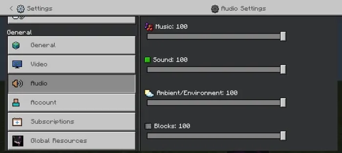 Audio settings menu with sliders at 100