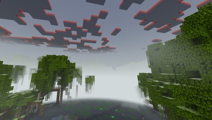 Foggy forest scene with pixelated trees.