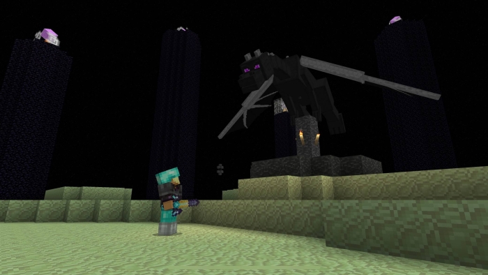 Player faces dragon atop obsidian pillars.