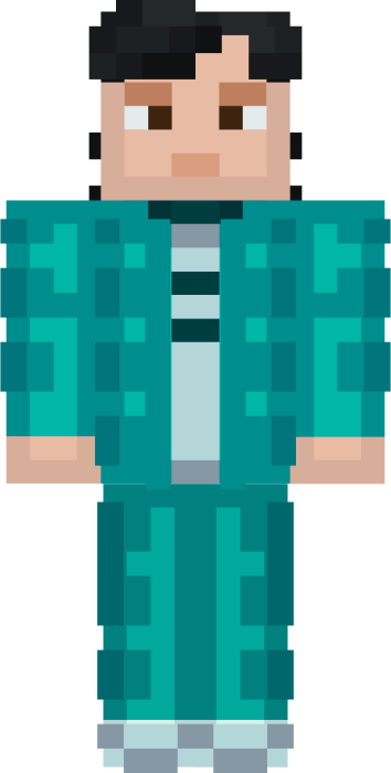 Pixel character in teal tracksuit outfit