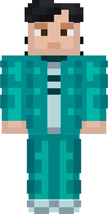 Pixel character in teal tracksuit outfit