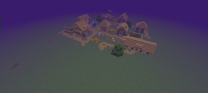 Village under purple sky in modded world.